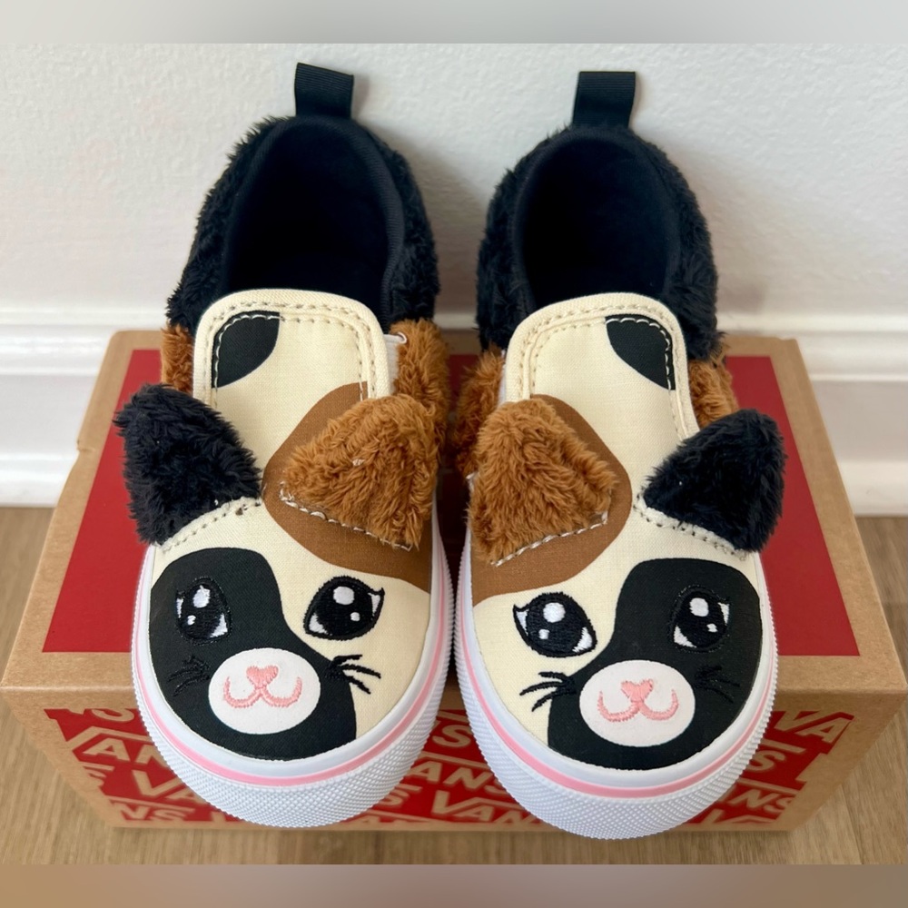 NEW Baby Vans Asher V Calico Cat Girls Slip On Velcro Shoes, Size 4T & 5T